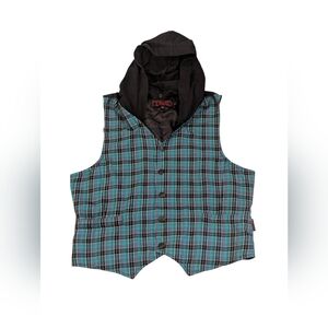 Tripp NYC Unisex Teal Purple Plaid Vest w/Detachable Hood - Sz XL